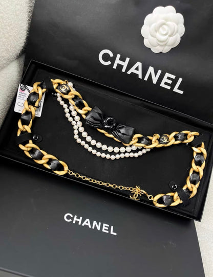 Chanel 20A Gold Leather Chain with Black Bow Pearl Chain Waist Belt