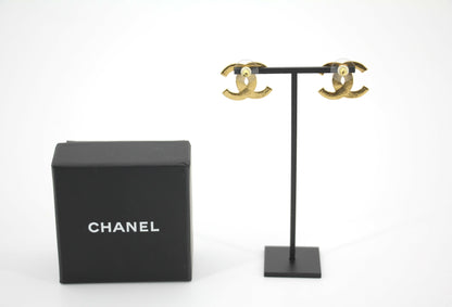Chanel B19A Metal Square Embossed Gold CC Earrings