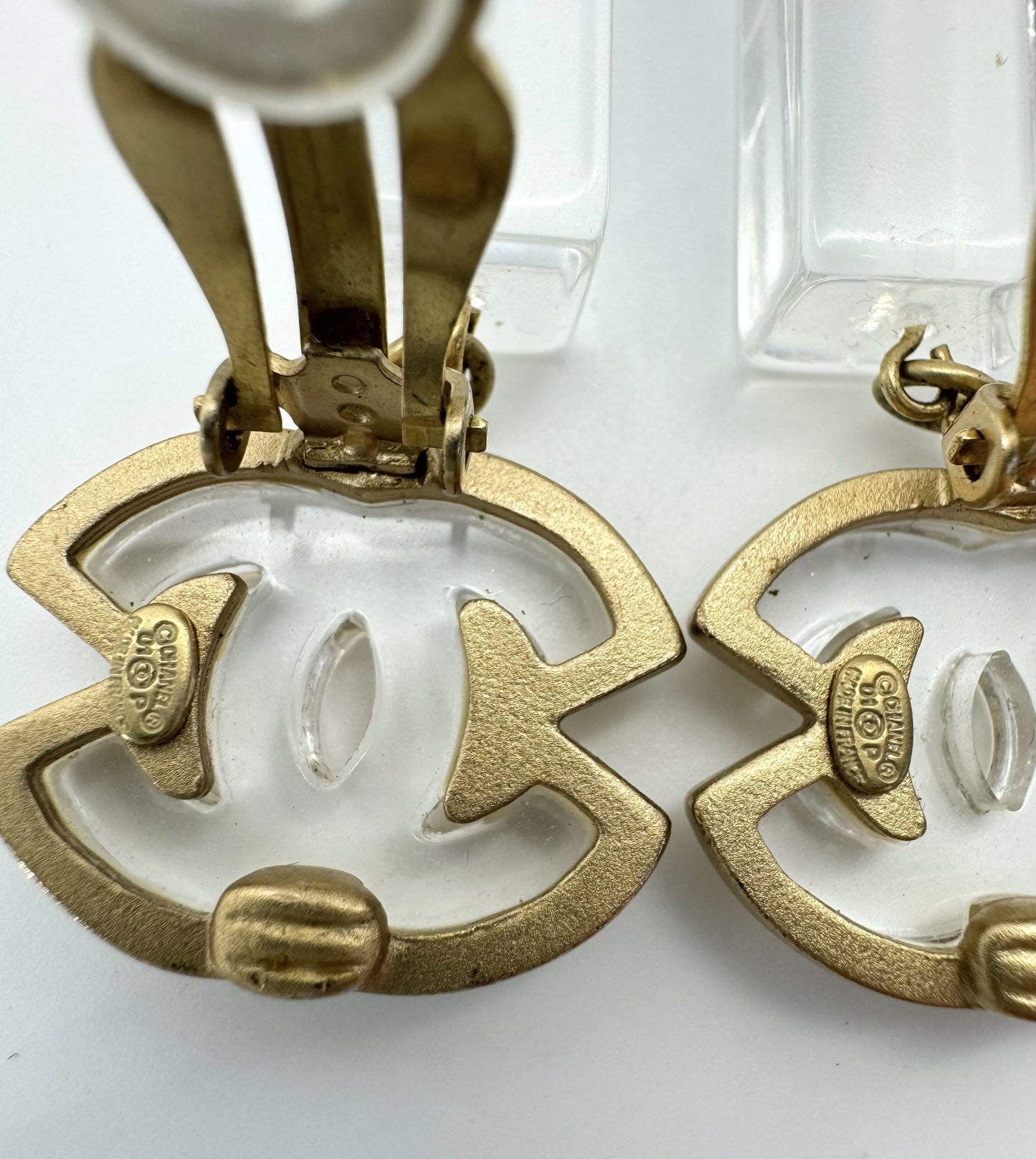 Chanel Vintage 01P Acrylic Rectangular Ice Cube Dangle Clip-on Earrings