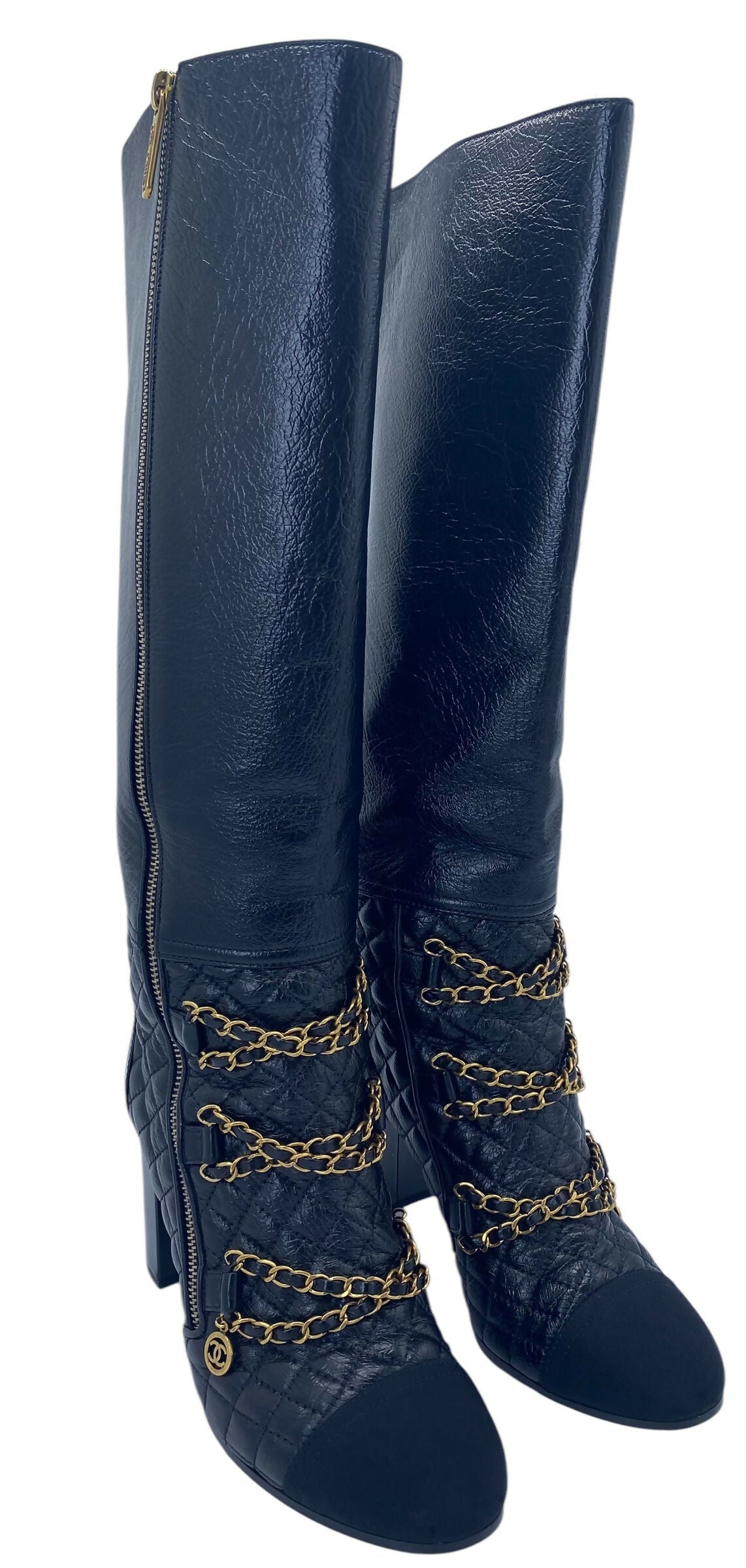 Chanel 2018 Black Gold Leather Quilted Chain High Heel Boots EU 39
