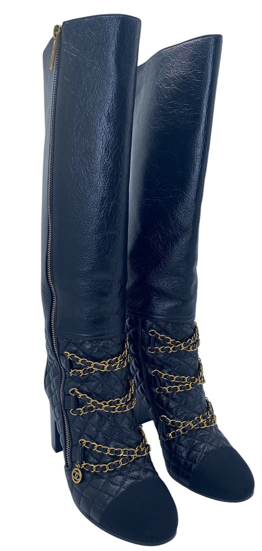 Chanel 2018 Black Gold Leather Quilted Chain High Heel Boots EU 39