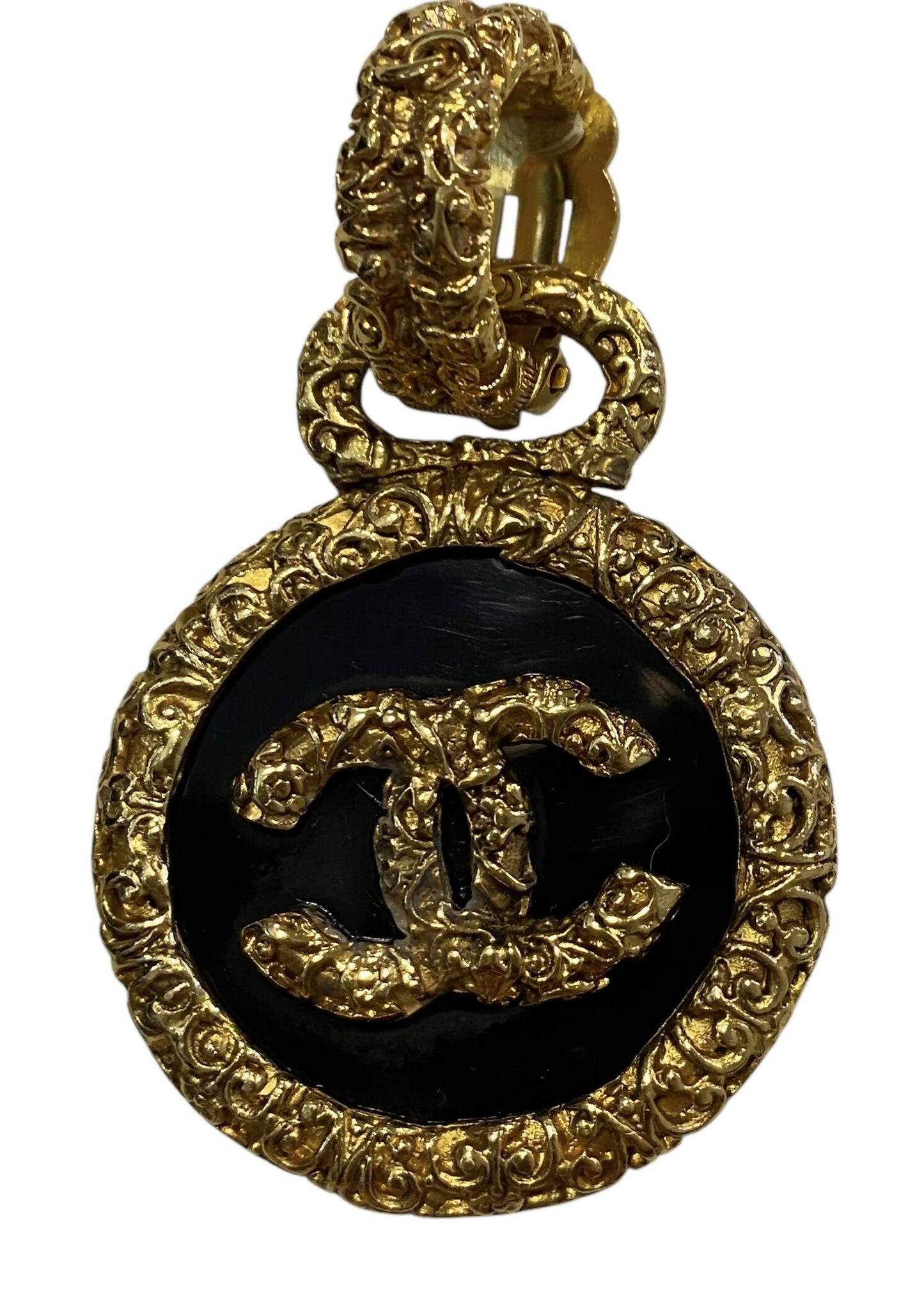 Chanel 93A Large Gold Metal Black Onyx Button Medallion Florentine Drop Dangle Clip-On Earrings