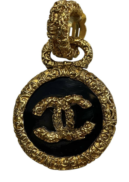 Chanel 93A Large Gold Metal Black Onyx Button Medallion Florentine Drop Dangle Clip-On Earrings