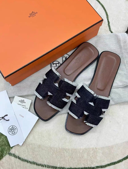 Hermes brut Blue Denim Oran sandals with Fringes