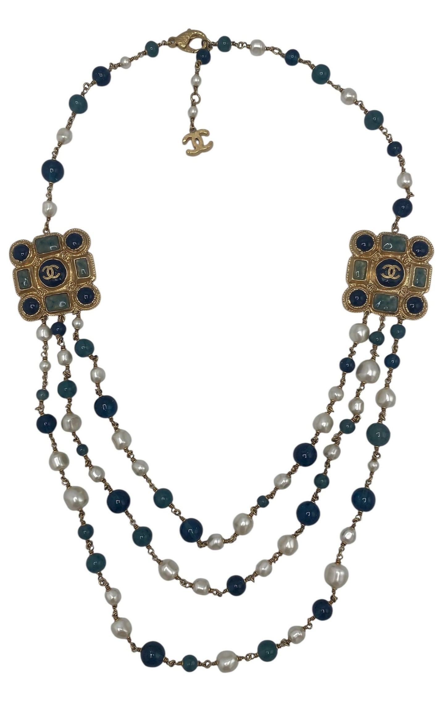 Chanel 11A Paris-Byzance 3 Strand Pearl Medallion Gold Green Blue Necklace/Belt