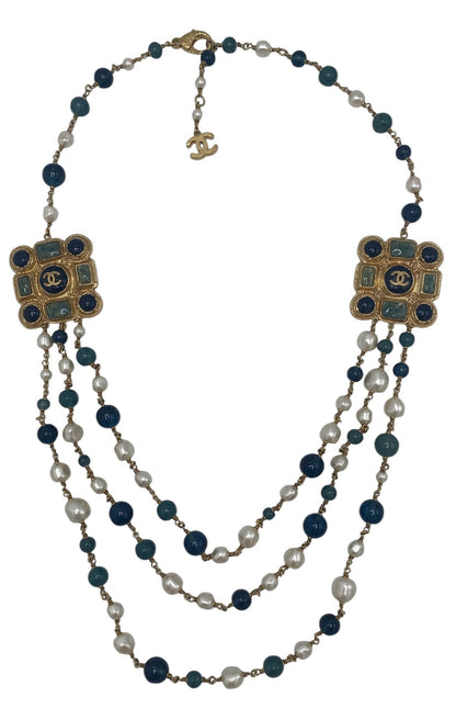 Chanel 11A Paris-Byzance 3 Strand Pearl Medallion Gold Green Blue Necklace/Belt