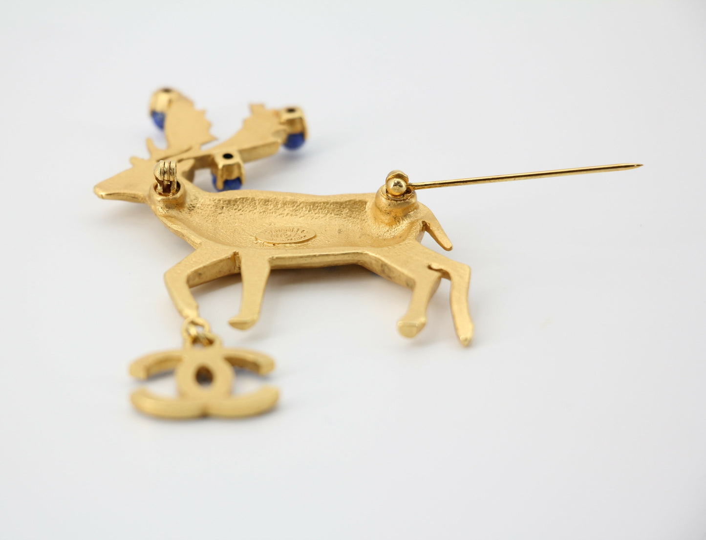 Chanel Vintage 01A Rhinestone Blue Golden Green Reindeer Brooch