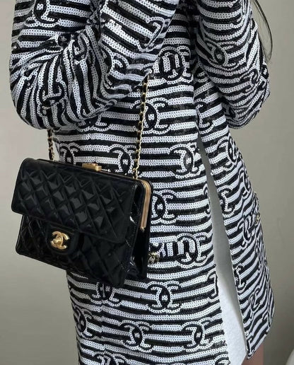 Chanel 22S Runway Sequin CC Logo Black and White Jacket FR 40