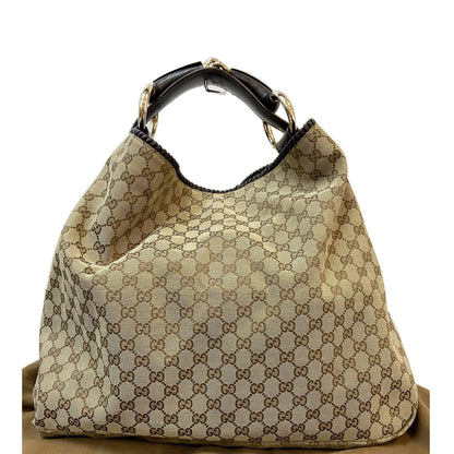 GUCCI Horsebit GG Canvas Large Hobo Bag Beige
