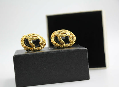 Chanel Vintage 93P Lava Black Gold Clip-on Earrings