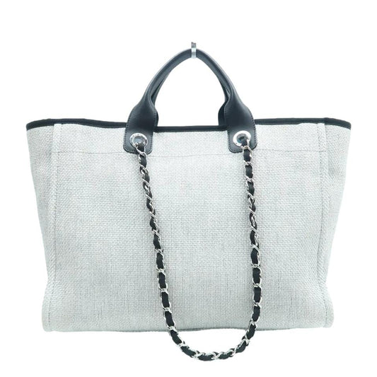 CHANEL Deauville Small Canvas Leather Tote Shoulder Bag White