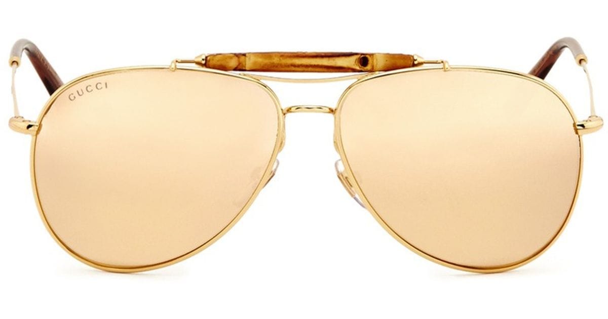 GUCCI Bamboo Aviator 24K Gold Mirror Lenses Unisex Sunglasses