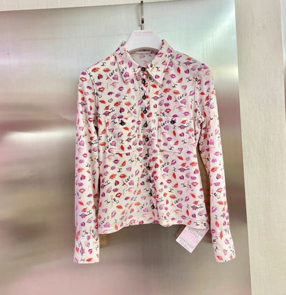 CHANEL Lips Front Opening Long Sleeve Tops Shirt White Pink