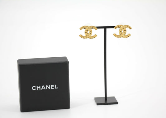 Chanel B19A Metal Square Embossed Gold CC Earrings