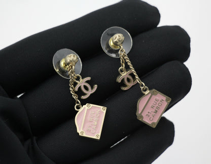 Chanel Vintage 01 Enamel Pink Purse Rue Cambon CC Dangle Stud Earrings