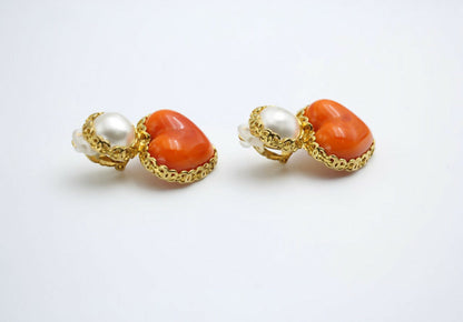 Chanel Vintage 1991 Gripoix Orange Heart Imitation Pearl Clip-on Earrings