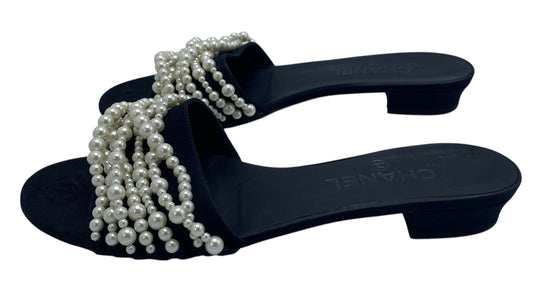 Chanel Classic Black White Pearl Slides Flats Sandals EU 39
