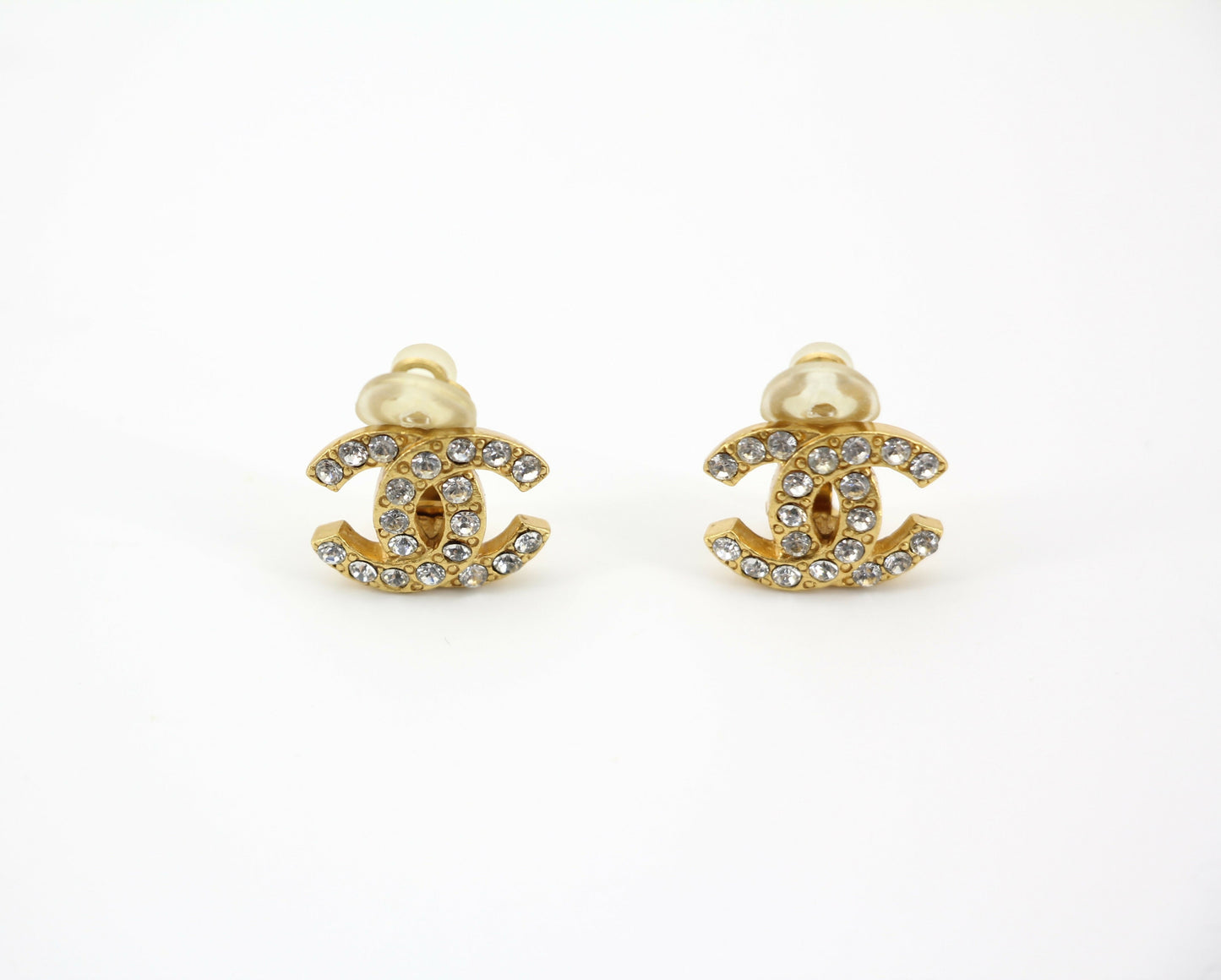 Chanel Vintage 02A Rhinestone Gold-plated CC Mark Clip-on Earrings