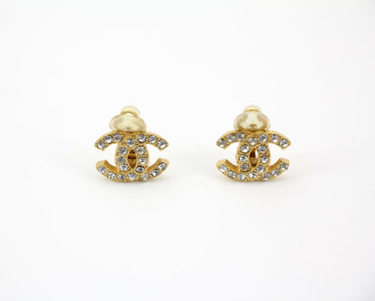 Chanel Vintage 02A Rhinestone Gold-plated CC Mark Clip-on Earrings