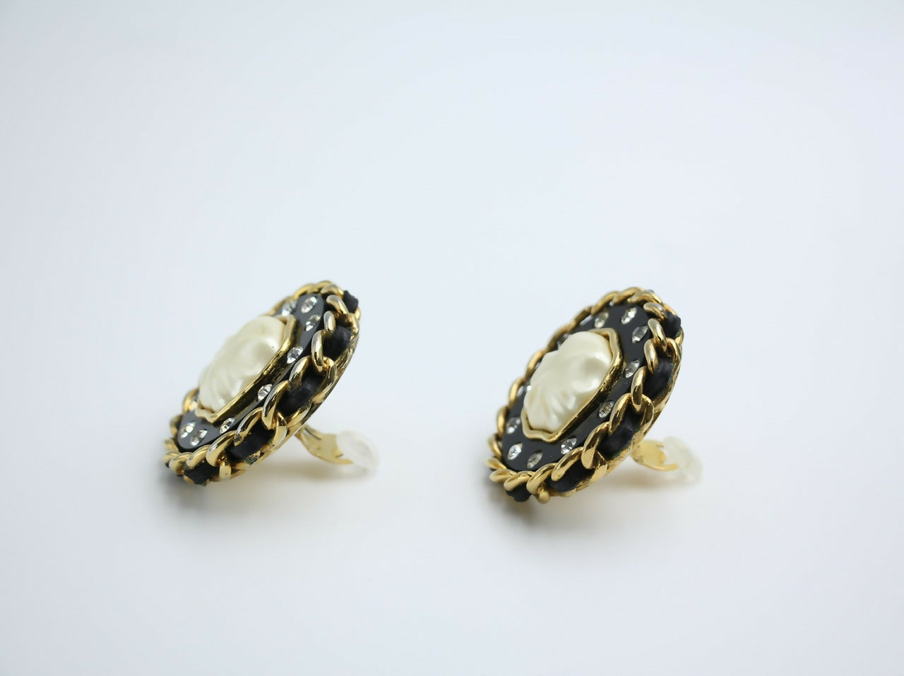 Chanel Vintage 1988 Leather Chain & Rhinestone Clip-on Round Earrings