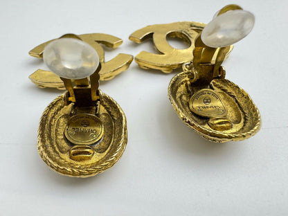 Chanel Vintage 71-80s Rhinestone & Gold-plated Round Relief Dangle Clip-on Earrings