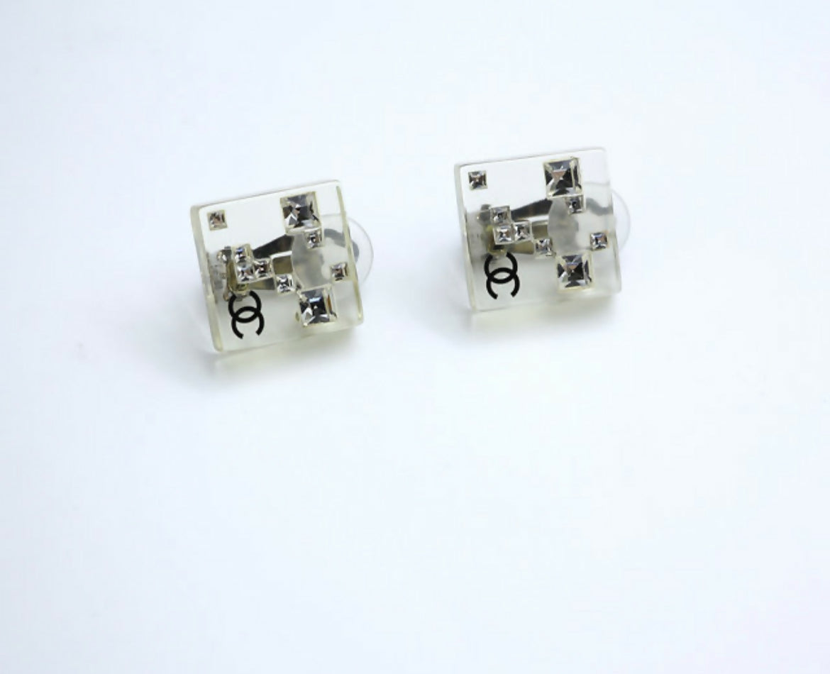 Chanel Vintage 05A Rhinestone Acrylic Transparent Square Earrings