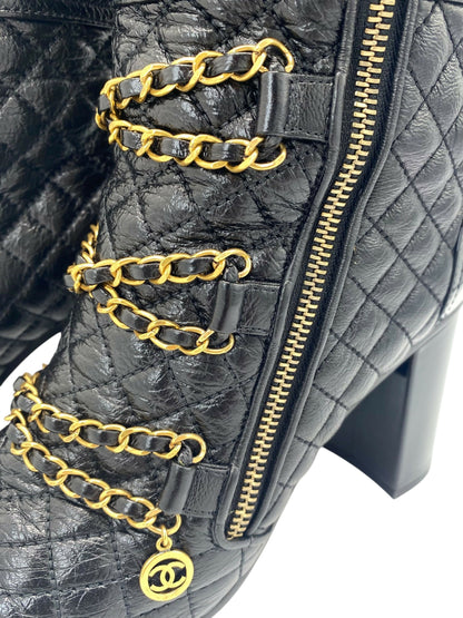 Chanel 2018 Black Gold Leather Quilted Chain High Heel Boots EU 39