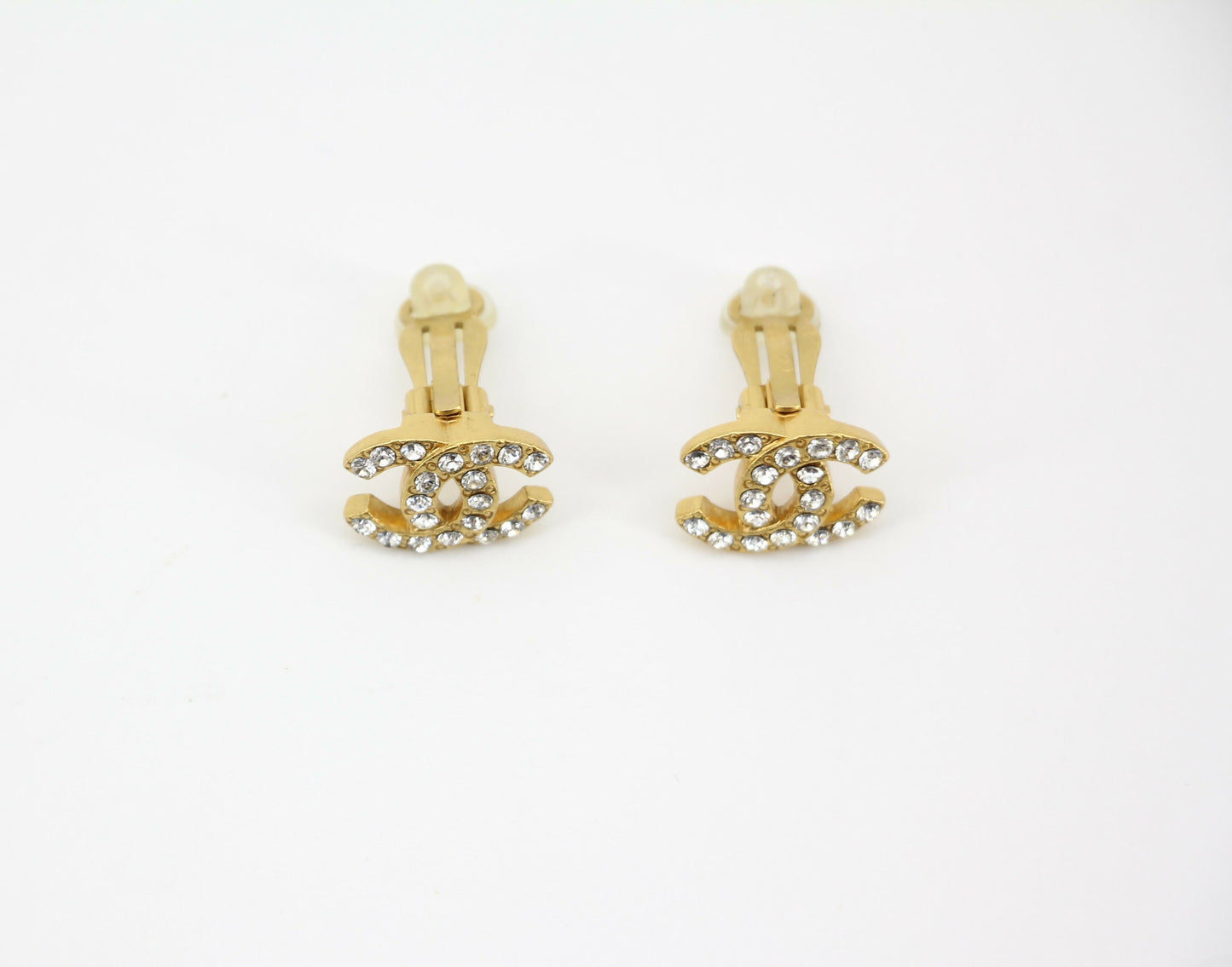 Chanel Vintage 02A Rhinestone Gold-plated CC Mark Clip-on Earrings