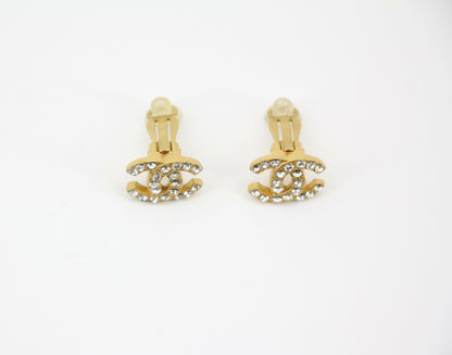 Chanel Vintage 02A Rhinestone Gold-plated CC Mark Clip-on Earrings