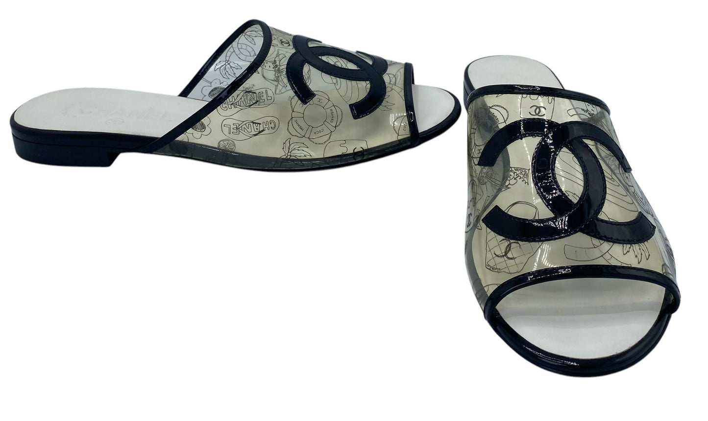 Rare Chanel PVC Black Patent Leather CC Logos Flat Slide Sandals EU 39.5C