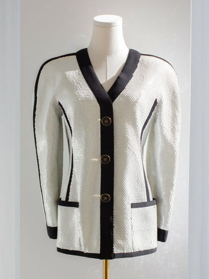 Chanel Vintage S/S 1991 Collector White Black Sequin CC Scuba Jacket