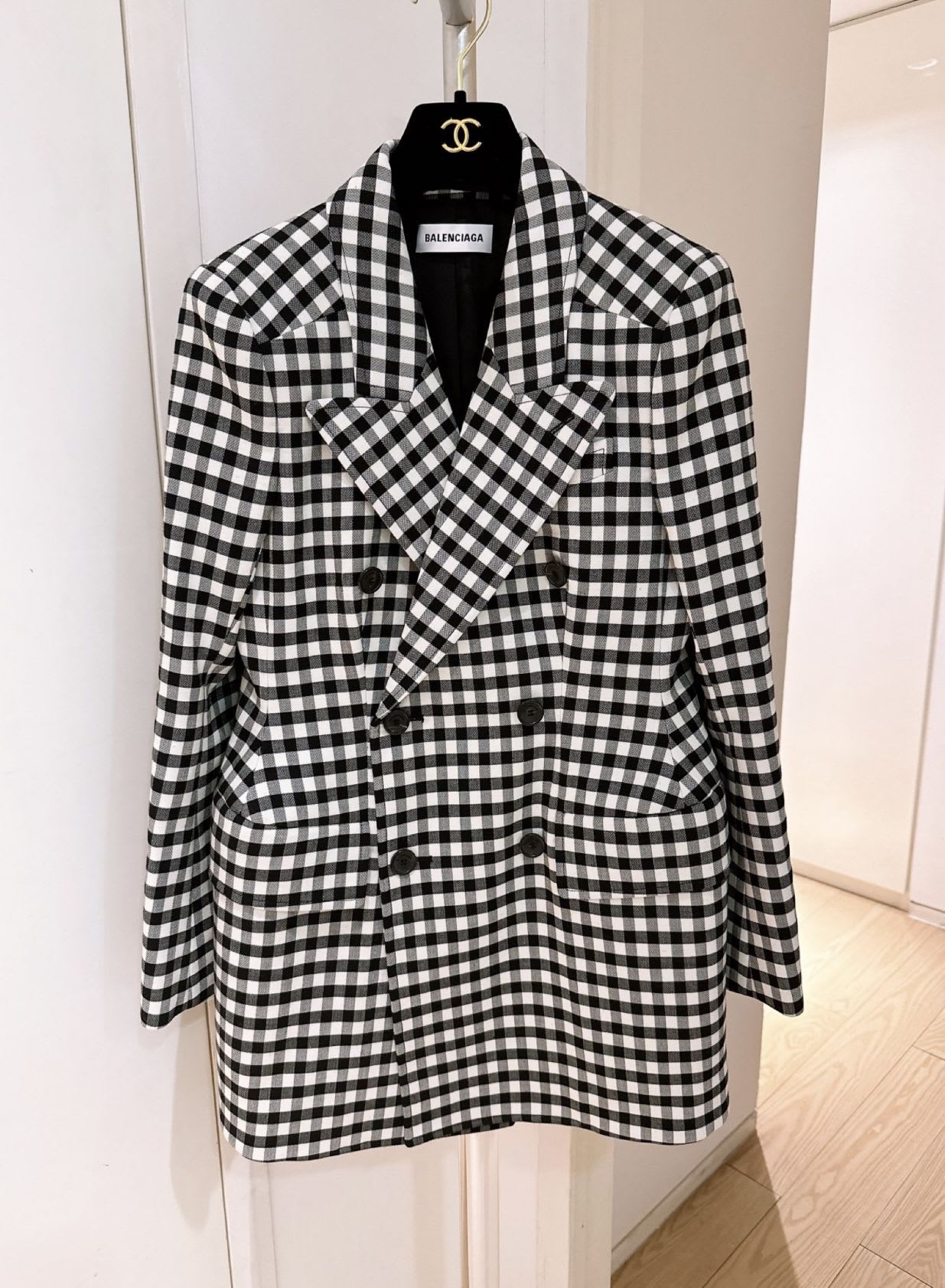 Balenciaga black and white grid hourglass coat