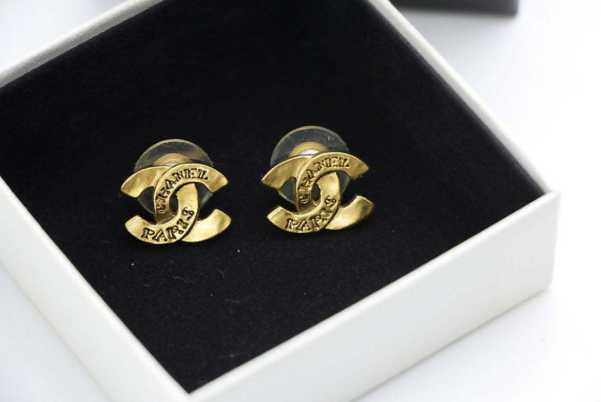 Chanel Vintage 99A Gold-Plated Cambon Collection ‘CHANEL’ Stud Earrings