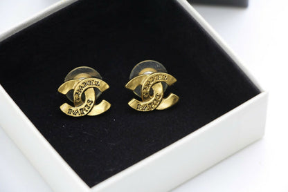 Chanel Vintage 99A Gold-Plated Cambon Collection ‘CHANEL’ Stud Earrings