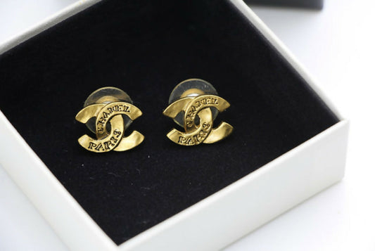 Chanel Vintage 99A Gold-Plated Cambon Collection ‘CHANEL’ Stud Earrings