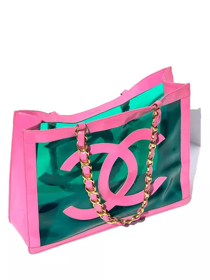 Chanel 1995 Vintage Barbie Pink Patent PVC Chunky Chain Tote Bag