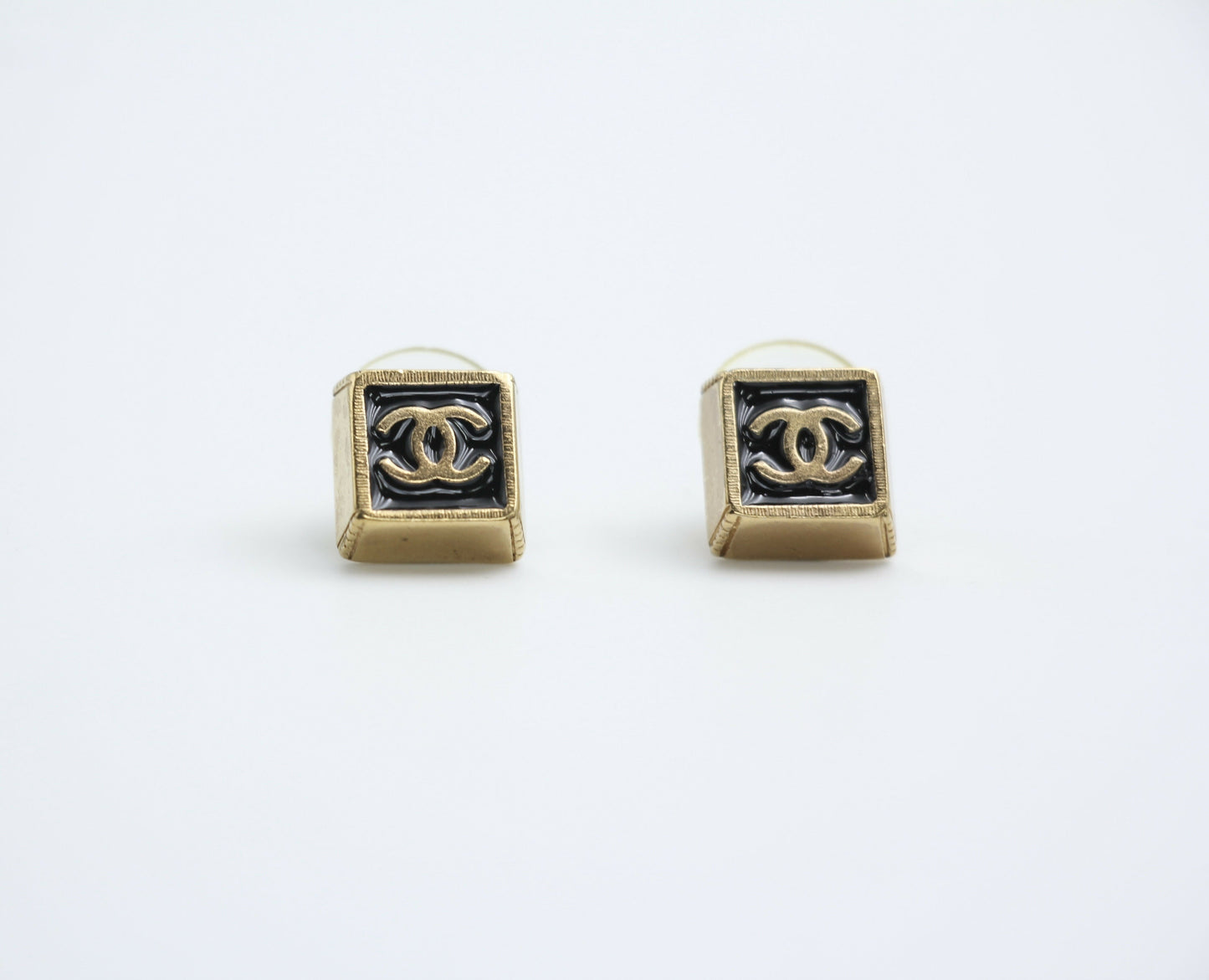 Chanel Vintage 03P Metal Square Black Stud Earrings