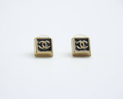 Chanel Vintage 03P Metal Square Black Stud Earrings