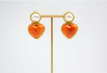 Chanel Vintage 1991 Gripoix Orange Heart Imitation Pearl Clip-on Earrings