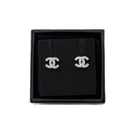 Chanel Classic Mini CC Logo Earrings Silver Tone