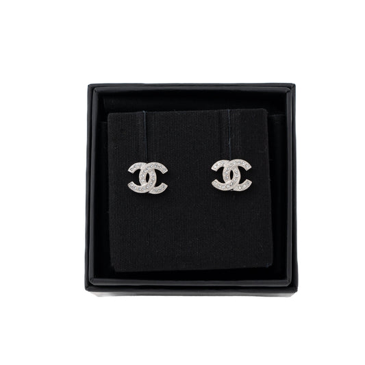 Chanel Classic Mini CC Logo Earrings Silver Tone