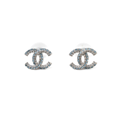 Chanel CC Logo Crystal Earring Sliver Tone