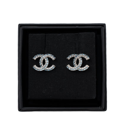 Chanel CC Logo Crystal Earring Sliver Tone