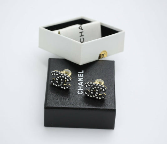 Chanel Vintage 02A Rhinestone Black CC Logo Clip-on Earrings