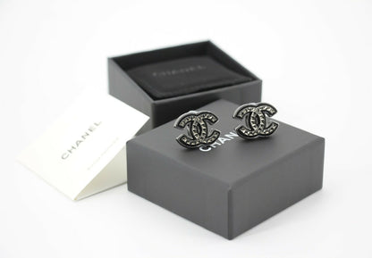 Chanel A24A Metal Black Silver Check CC Clip-on Earrings