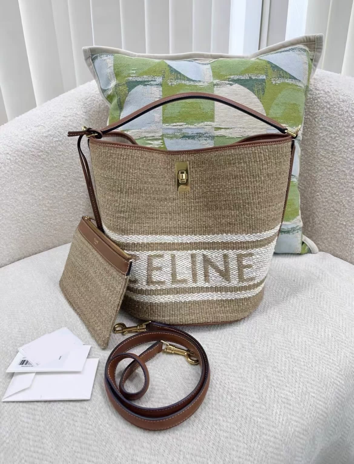 Celine Beige Bucket 16 Bag In Textile With Celine Jacquard