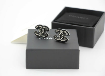 Chanel A24A Metal Black Silver Check CC Clip-on Earrings