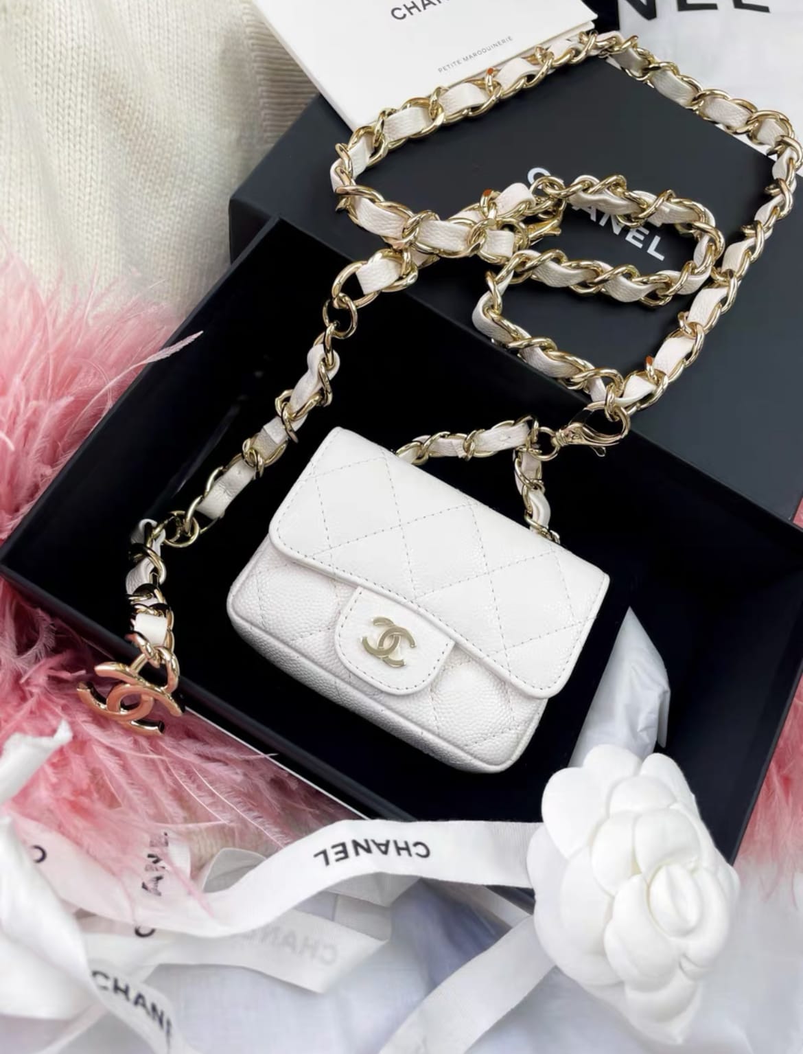 Chanel white gold lychee leather belt bag