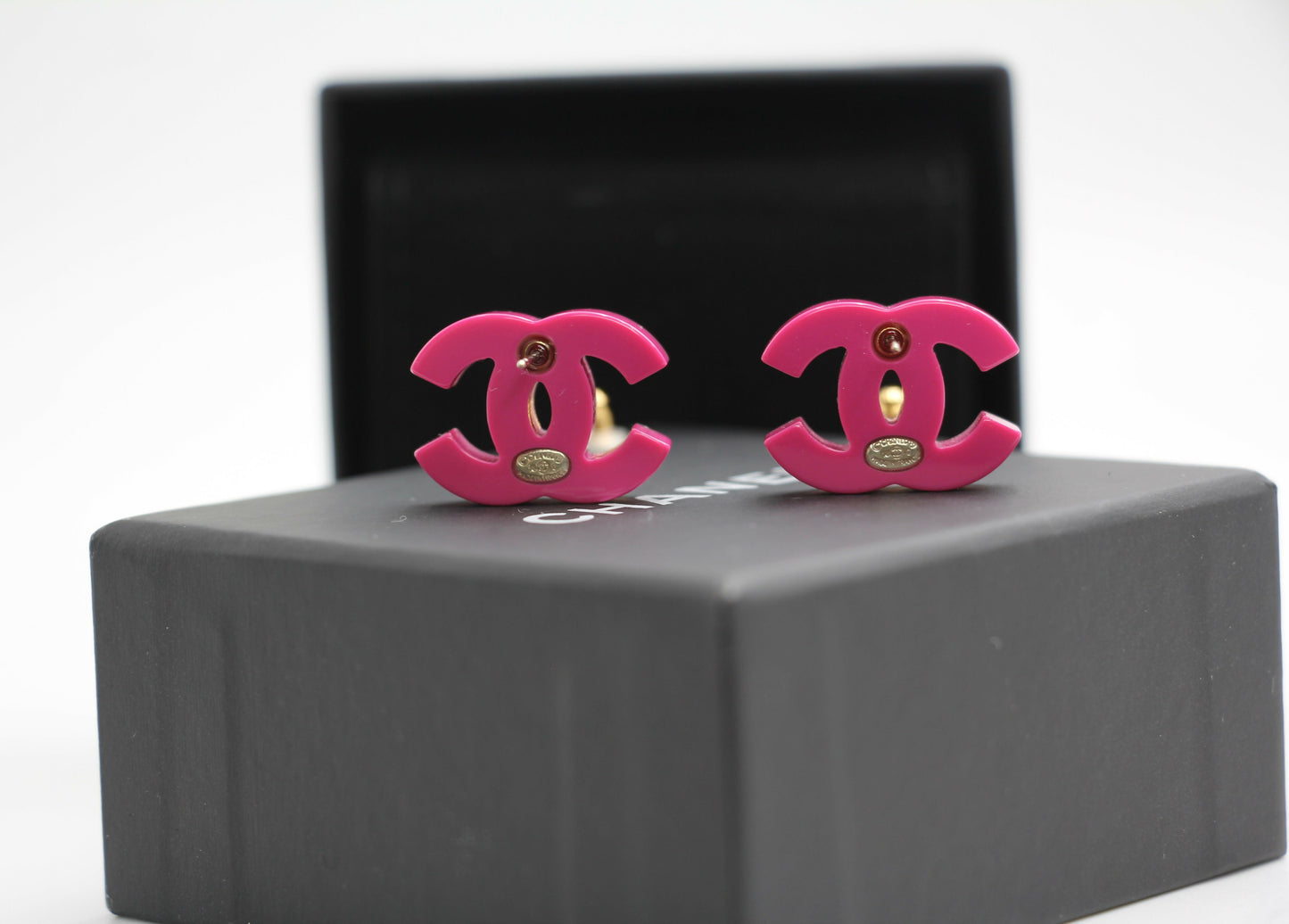 Chanel 2018 Resin Silver Glitter Pink Stud Earrings