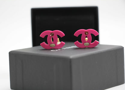 Chanel 2018 Resin Silver Glitter Pink Stud Earrings